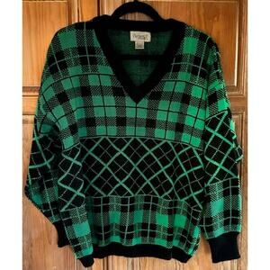 Vintage Partners II by Mervyns Retro Kelly Green & Black Vneck Plaid Sweater